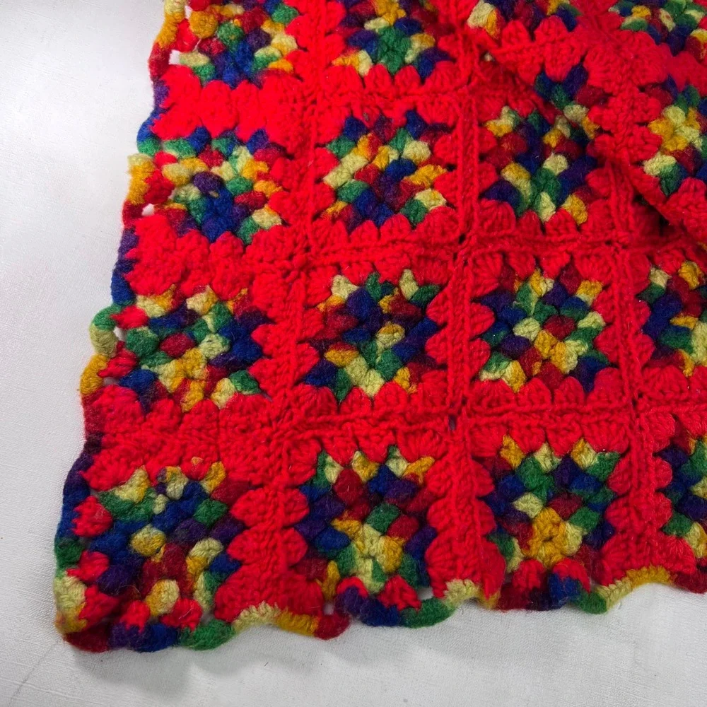 Red Crochet Granny Square Blanket Afghan Colorful Handmade Throw 66x52